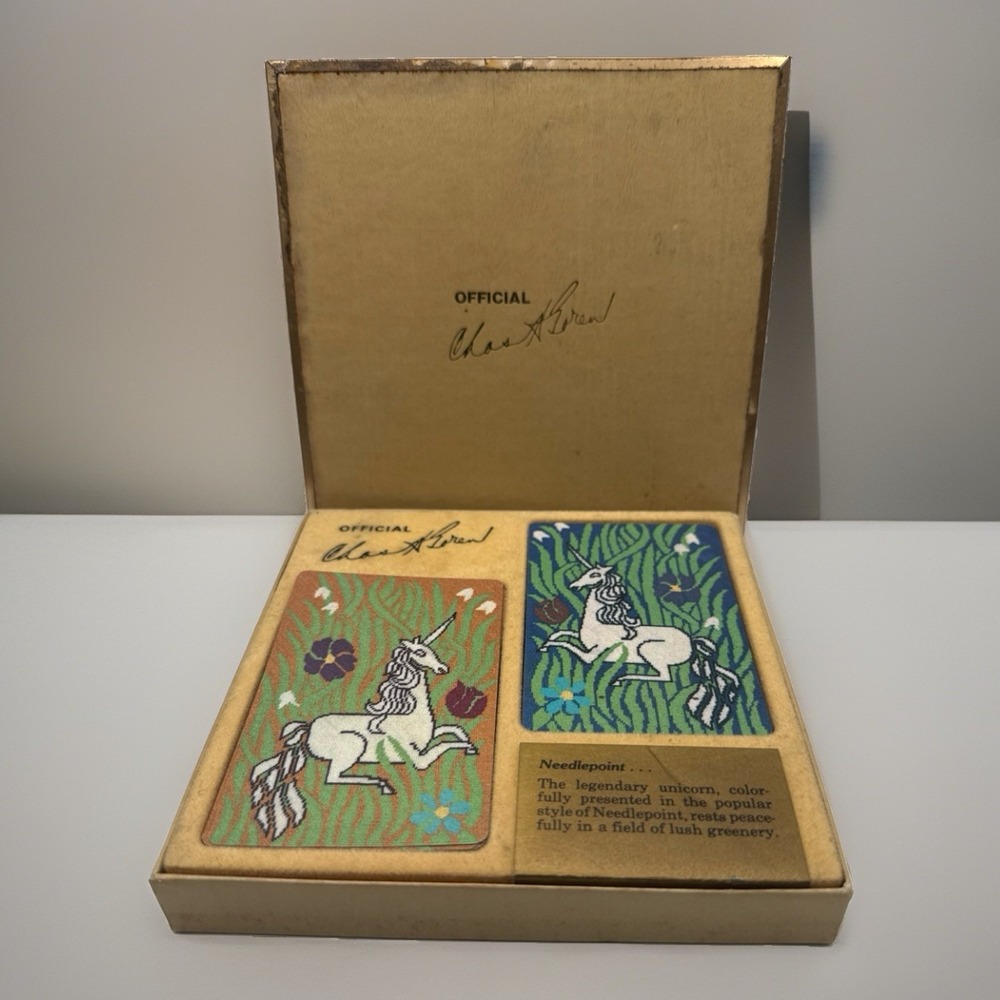 Vintage 70s Charles Goren Official Bridge Playing Cards Needlepoint Unicorn RARE
